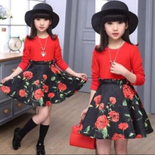 Spring /autumn long sleeve white red dresses for girls size 120~160 teenage dress 10 12 years old flowers clothing