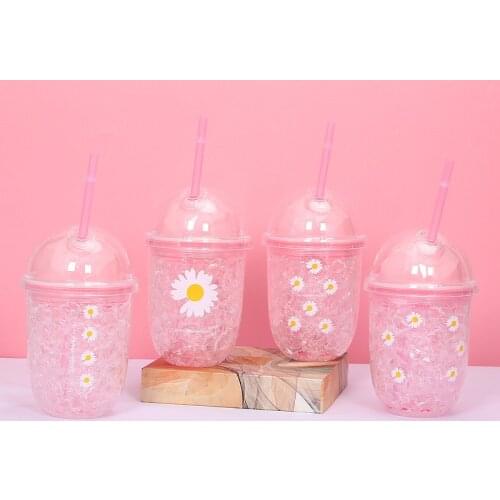 Popular Double Layer Ice Cup Girl Powder Cute Straw Cup Outdoorvwater Bottle Portable Traveling Cup Gift Tea Beverage Cup