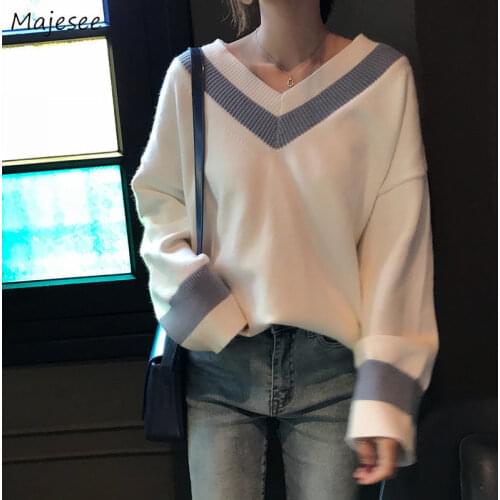 Pullovers Womens V-neck Plus Size 3XL Patchwork Korean Style Ulzzang All-match Knitted Chic Casual Students Lady Autumn Sweaters