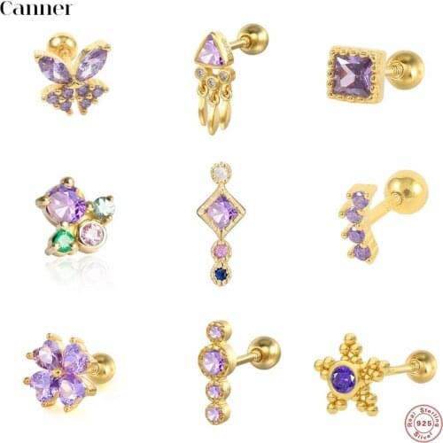CANNER 1pc 925 Sterling Silver Small Purple Cz Tragus Cartilage Earrings For Women Cute Ear Stud Earrings Helix Piercing Jewelry