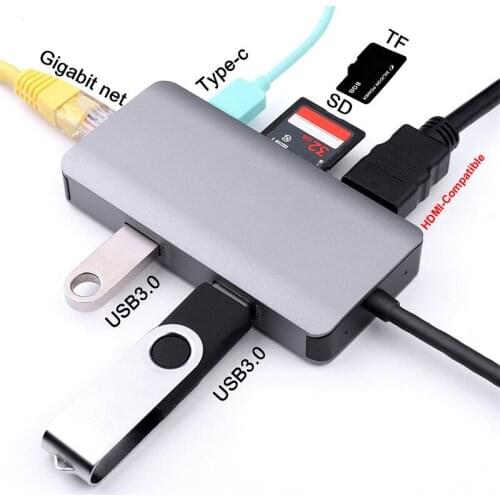 Type C Hub to 4K HDMI-Compatible Adapter USB SD/TF Card Reader 1000Mbps RJ45 Network Adapter with PD3.0 Charge