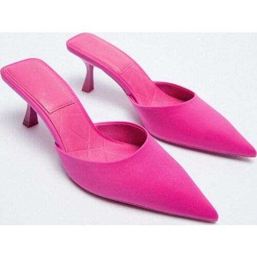 Womens High Heels Slippers Ladies Slip On Pointed Toe Solid Color Mule Slides Females High Quality Elegant Casual Indoor Shoes