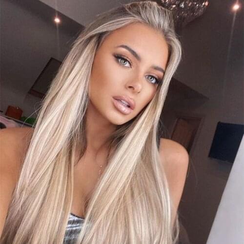Ombre Synthetic Wig Blonde Lace Front Wig Middle Part Highlight Wig Long Straight Hair 22 Inch