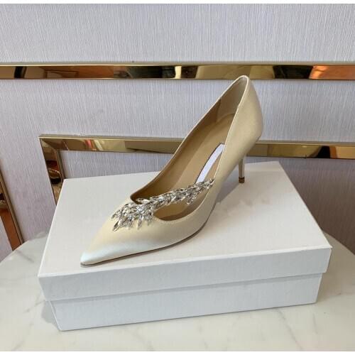 Crystal Leave Brand Pumps Pointed Toe Slip on High Heels Luxury Stiletto White Wedding Shoes Woman Sexy Designer Sapato Feminino