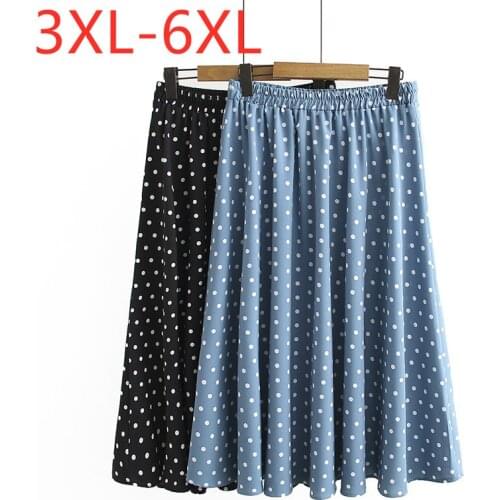New 2021 Ladies Summer Plus Size Midi Skirt For Women Large Loose A-line Cotton Blue Black Dot Pleated Skirts 3XL 4XL 5XL 6XL