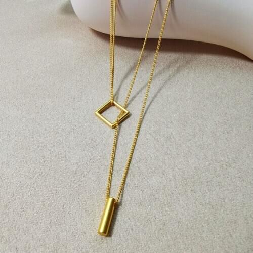 Qingdao European and American jewelry retro gold color simple geometric box circular pendant asymmetrical double-layer necklace