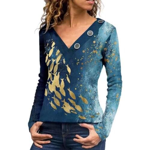 Women Blouse Fashion Long Sleeve Cotton Blend Polyester Butterflies Print Autumn V Neck Buttons Decor Tunic Top Women Streetwear