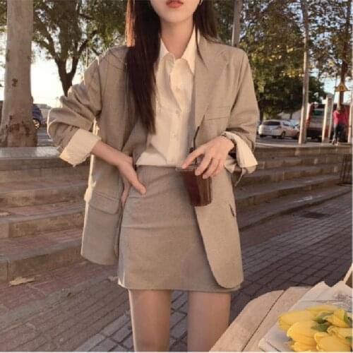 Office Ladies Notched Collar Plaid Women Blazer Single Breasted Autumn Jacket 2021 Casual Pockets Female Suits Coat suit skirt