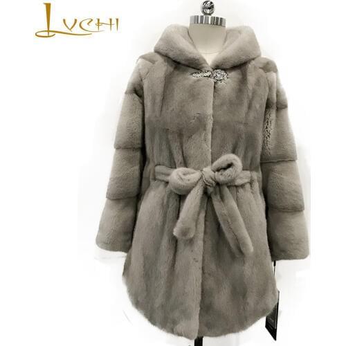 LVCHI Winter 2019 Imported Crown Velvet Mink Coat Womens Natural Fur Coat Mink Coat Slim With Hat Fur Hood Loss Mink Fur Coats