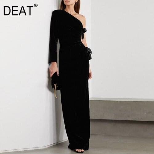 [DEAT] Spring Autumn New 2021 Fashion Tide Irregular Collar Floor-length Bow Long Sleeve Black High Quality Velvet Dress 13C142