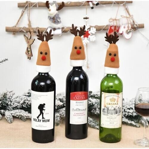 5PCS 14 x 6 cm Non-woven Fabric Wine Bottle Covers Christmas Reindeer Champagne Bottle Decoration Toppers for Holiday Table