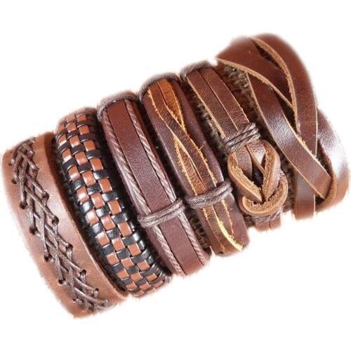 6Pcs Hand-woven Multilayer Brown Leather Bracelet For Men Handmade Wristband Bracelet Rope Jewelry Wrap Bracelets&Bangles -H115