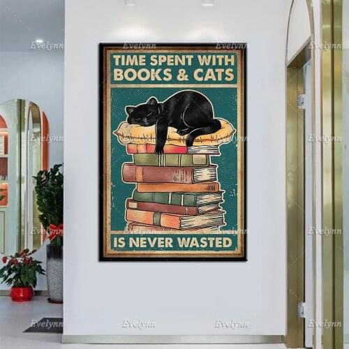 Black Cat And Book Lovers Time Spent With Books And Cats Is Never Wasted Poster Home Living Decor Wall Art Prints Canvas Gift