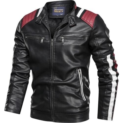 Cofekate 3XL Men Street Motorcycle Jacket Coat Autumn Winter Patchwork Striped Patchwork Zipper Cardigan PU Leather Jacket Men