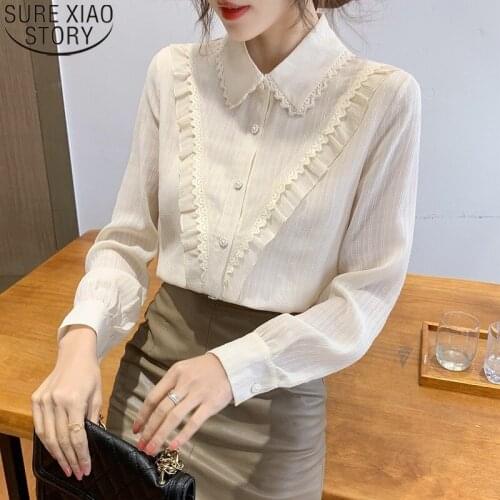 Elegant Chiffon Lace Blouse Autumn Long Sleeve Peter Pan Collar 2021 New Fashion Bottoming Shirt Button Up Ruffled Tops 16919
