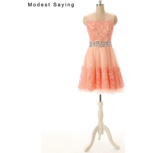 Elegant A-Line Illusion Beaded Lace Party Cocktail Dresses 2017 with Rhinestone Waist Short Prom Gowns vestido de festa curto