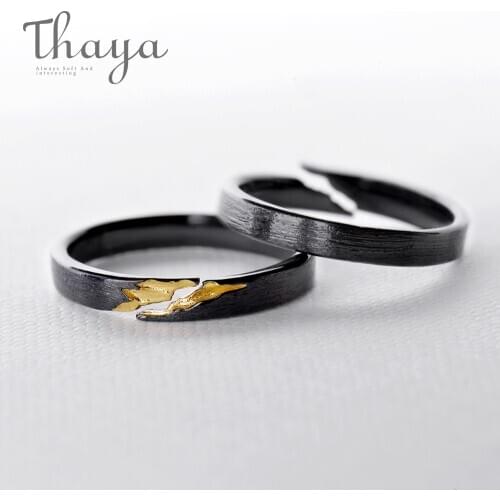 Thaya S925 Sterling Silver Gold Crack Ring Ancient Black Wood Grain Female Handmade Stackable For Women Party Fashion Jewelry