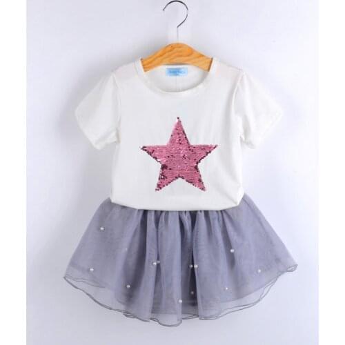 Girls Sets New Summer Fashion Style Children Clothes Sequin Stars T-Shirt + Dress 2Pcs Kids Clothes