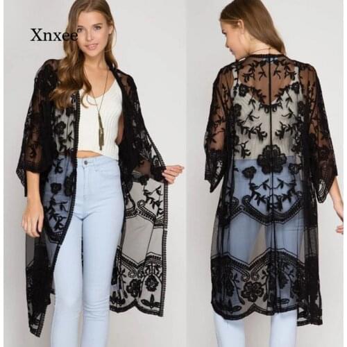 Lace Beach Cover Ups for Swimsuit Sleeve Mesh Dress Sexy Swim Wear Women Fashion Solid Vestido De Playa Mujer Cardigan Clothing