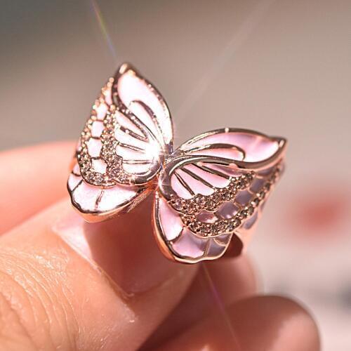 Lovely Cute Pink Butterfly Rings for women girls Trendy Jewelry Accessories Rose Gold Filled with Zircon Wedding Party Rings