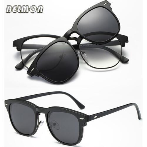 Belmon Fashion Spectacle Frame Men Women With Polarized Clip On Sunglasses Magnetic Glasses Clear Lens Male Myopia Optical RS490