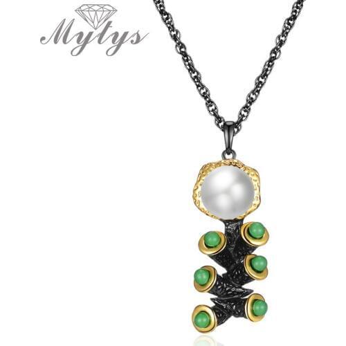 Mytys Branch New Leaves Pendant Necklace Black Gun Vintage Jewelry Pearl Necklace for Women CN542