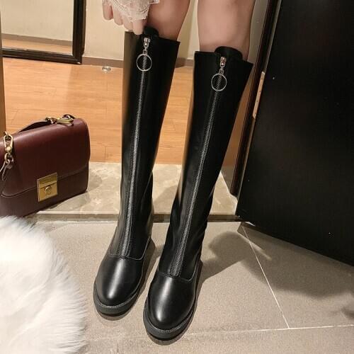 GOOHOJIO 2020 New Autumn Winter Knee-high Boots Women Shoes Chic Zipper Boots Ladies Shoes Fashion All-match Flat Womens Boots