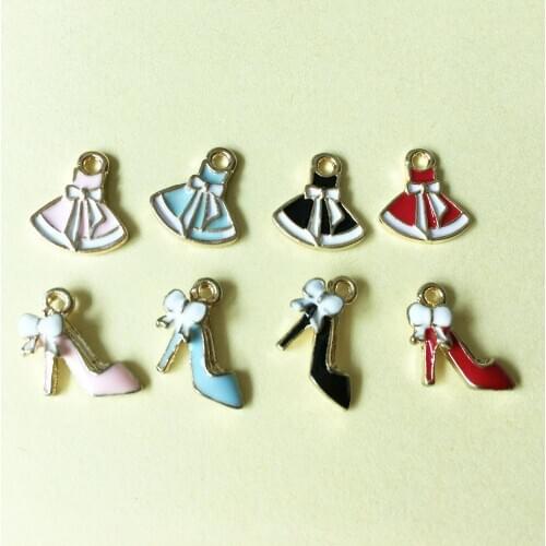 New Arrival Oil Drop Fashion Beauty Girls Party Dress High Heel Shoes DIY Jewelry Bracelet Charms Gold Tone Enamel Pendant Charm