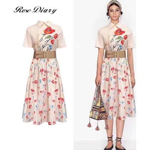 RoseDiary celebrity style red flower printed single breasted short sleeve turn down collar summer dress with belt sukienka robe