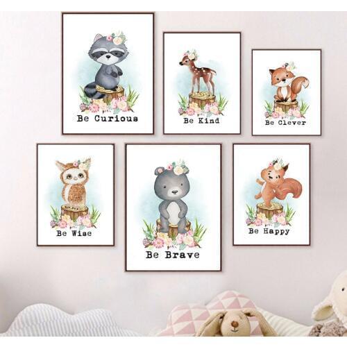 Deer Fox Bear Owl Raccoon Quotes Nursery Wall Art Canvas Painting Nordic Posters And Prints Decoration Pictures Baby Kids Room