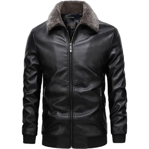 Autumn Winter Brown Leather Jacket Men Casual Solid Color Fur Collar Coat