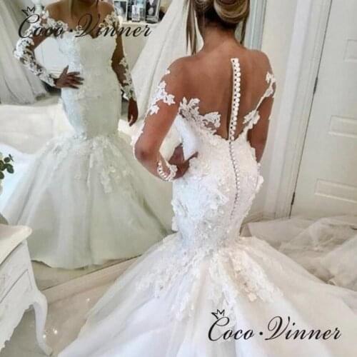 W0658 Illusion Back Sexy Mermaid Wedding Dress 2021 New Full Sleeves 3D flower Appliques Satin Wedding Dresses Mermaid