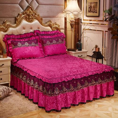 Korean Style Princess Bedding Bed Sheet Pillowcases 1/3pcs Velvet Thick Warm Bedspread Rose Red Lace Bed skirt Mattress Cover