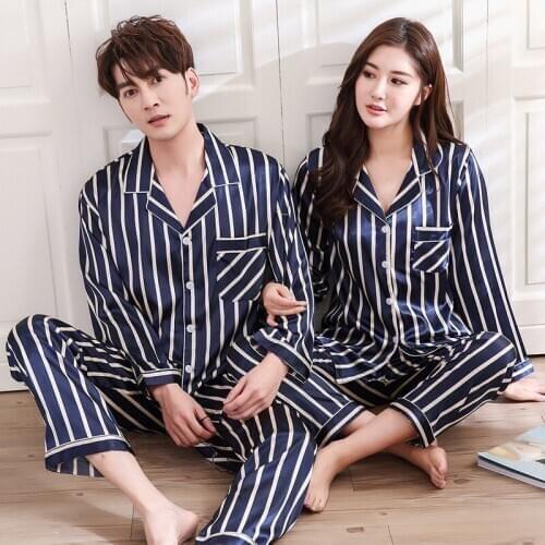 Silk Couples Pajamas Set Long Sleeve Striepd Shiny Pajama Women Oversize Casual Mens Sleepwear Nightgown Spring Home Clothing