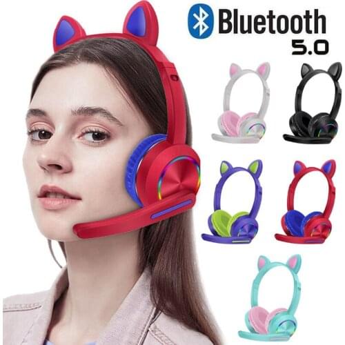 Cute Kids Bluetooth 5.0 Headphone Cartoon Cat Ear Music Headset with Mic for Answer the Phone Gaming Earphone