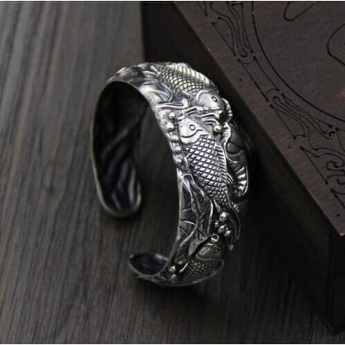 Womens Open Cuff Bracelet Silver Color Wide Bracelet Vintage Style Jewelry Beautiful Gift Carved Carp Pattern