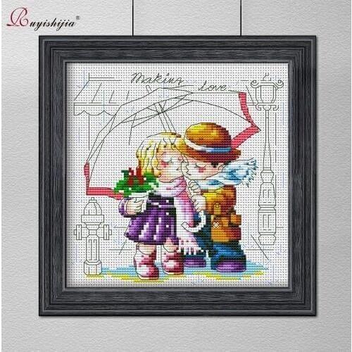 RUYISHIJIA Embroidery,Paintings,Needlework,Cross stitch kits,Rain couple,DIY Cross-stitch,thread embroidery