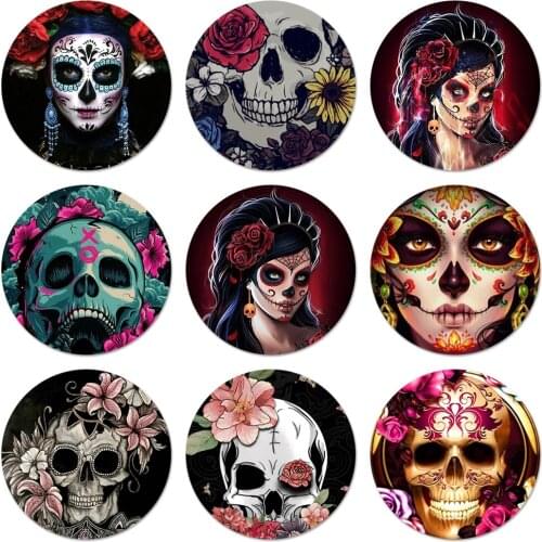 Funny Sugar Skull Girl Tattoo Icons Pins Badge Decoration Brooches Metal Badges For Clothes Backpack Decoration 58mm