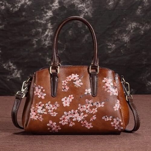 Genuine Leather Women Bag Retro Luxury Handbags 2021 Winter Hand Painted Casual Tote Floral Soft Cowhide Shoulder Crossbody Bags