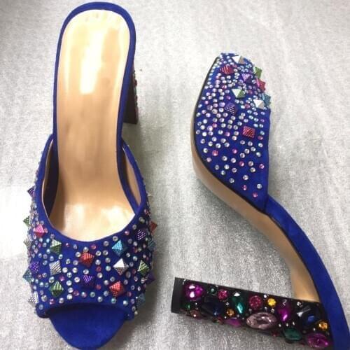 Women Summer Full Gemstone High Heel Slipper Multi Rivets Blue Suede Open Toe Gladiator Colorful Crystal Chunky Heel Slide Shoes
