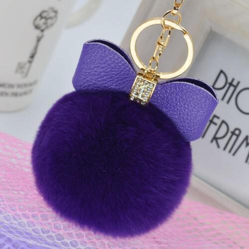 Bowknot Diy Crystal Fluffy Rabbit Fur Pompom Keychain Women Bag Charm Real Natural Fur Balls Genuine Fur Pom Poms Key Chain f252