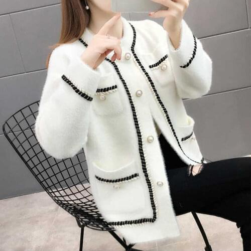 Women 2021 Autumn Winter Fashion Sweater Knitted Cardigan Coats Female O-neck Short Jackets Solid Color Loose Overcoats M292