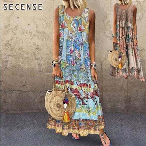 Women Long Dress Summer Elegant Women Plus Size 5xl o-Neck Boho Floral Print Vintage Sleeveless Loose Maxi Dress Clothing SECENS