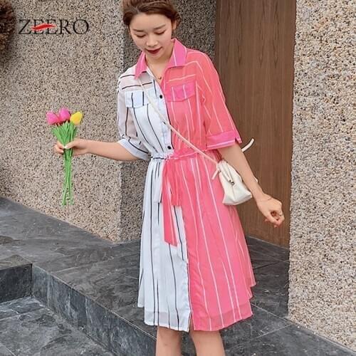 2020 Summer Korean Women Striped Contrast Color Lace Up Shirt Dress Elegant Female Irregular Pink Casual Pockets Midi Dresses