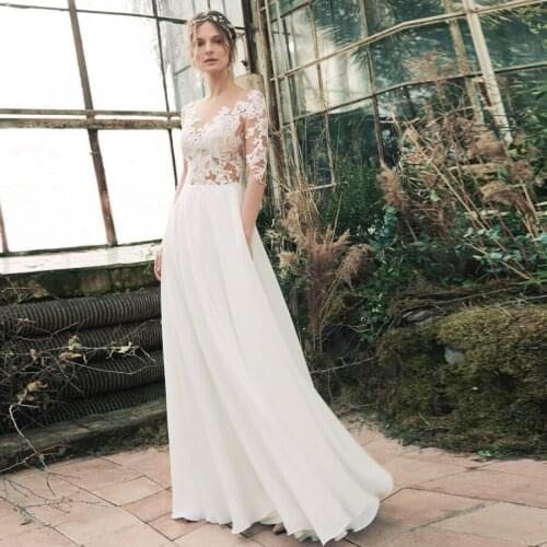 Vestido De Noiva Wedding Dresses See-through Applique Long Sleeves O-neck Chiffon Beach Dress Boho Robe Mariage