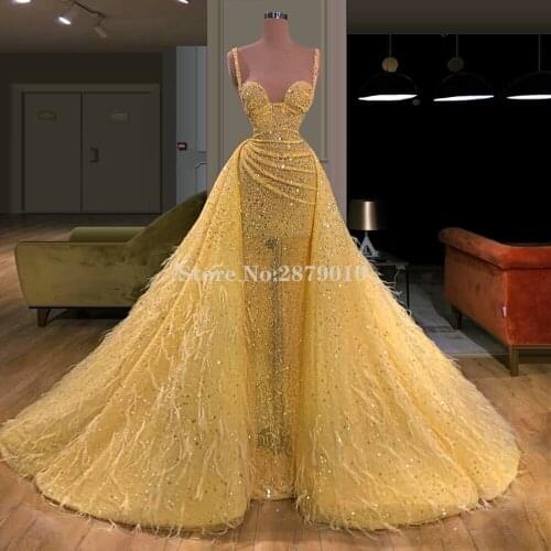 Haute Couture Yellow Mermaid Evening Dress Floor-Length Beaded Sequins Removable Skirt Prom Dress Vestido de festa 2020 Dubai