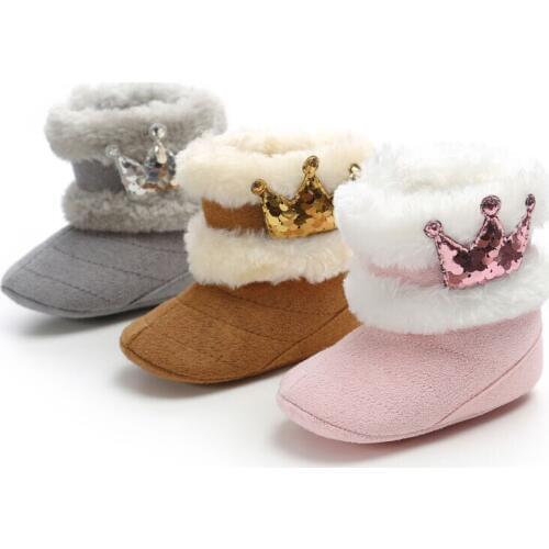 0-18M Toddler Baby Girl Crown Shoes Fur Warm Boots Soft Sole Shoes Newborn Winter Warm Boots