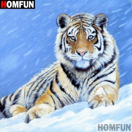 HOMFUN Full Square/Round Drill 5D DIY Diamond Painting "Animal tiger snow" 3D Embroidery Cross Stitch 5D Decor Gift A16801