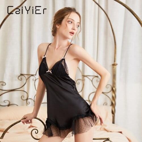 CAIYIER Silk Sexy Sleepwear Lace Bowknot Nightdress Spaghetti Strap Ladies Nightdress Cross Backless Underwear Party Sleepshirts