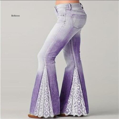 Temperament Elegant Women High Waist Gradient Tie-Dye Lace Splicing Ruffles Imitation Jeans Korean Version Vintage Casual Pants